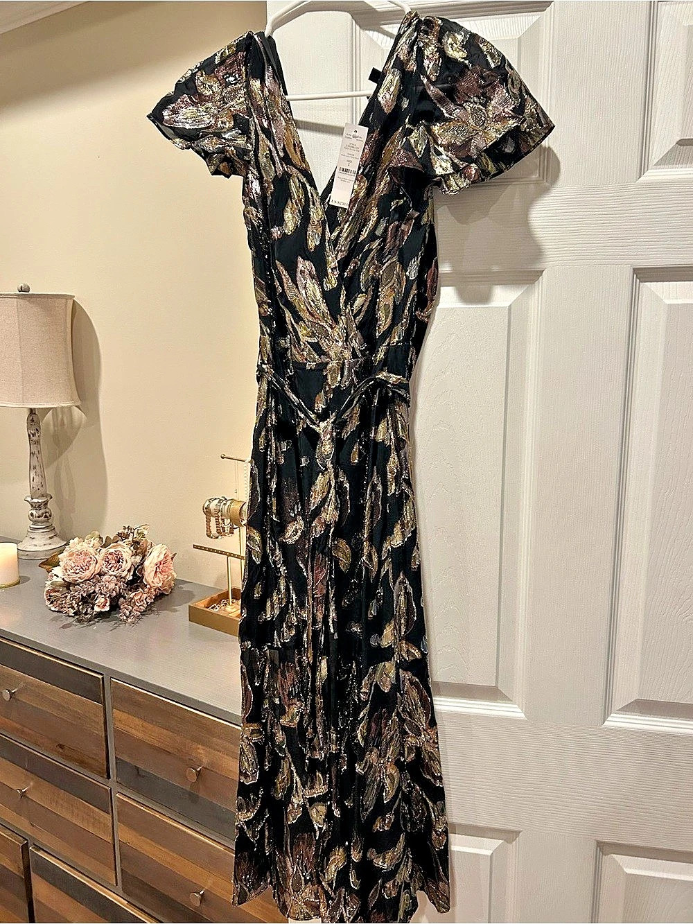 Aidan Mattox Floral Maxi Dress in Black & Gold NWT
